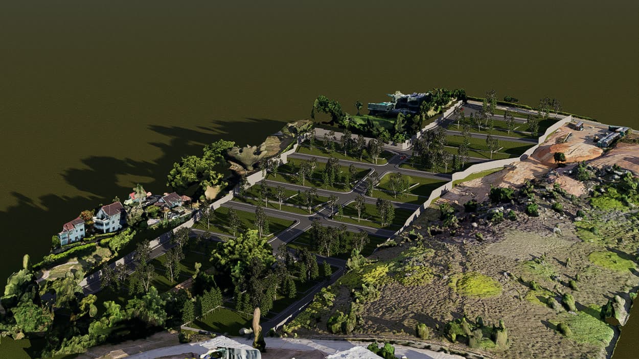Render aéreo de Alta Reserva mostrando el loteo sobre la ladera