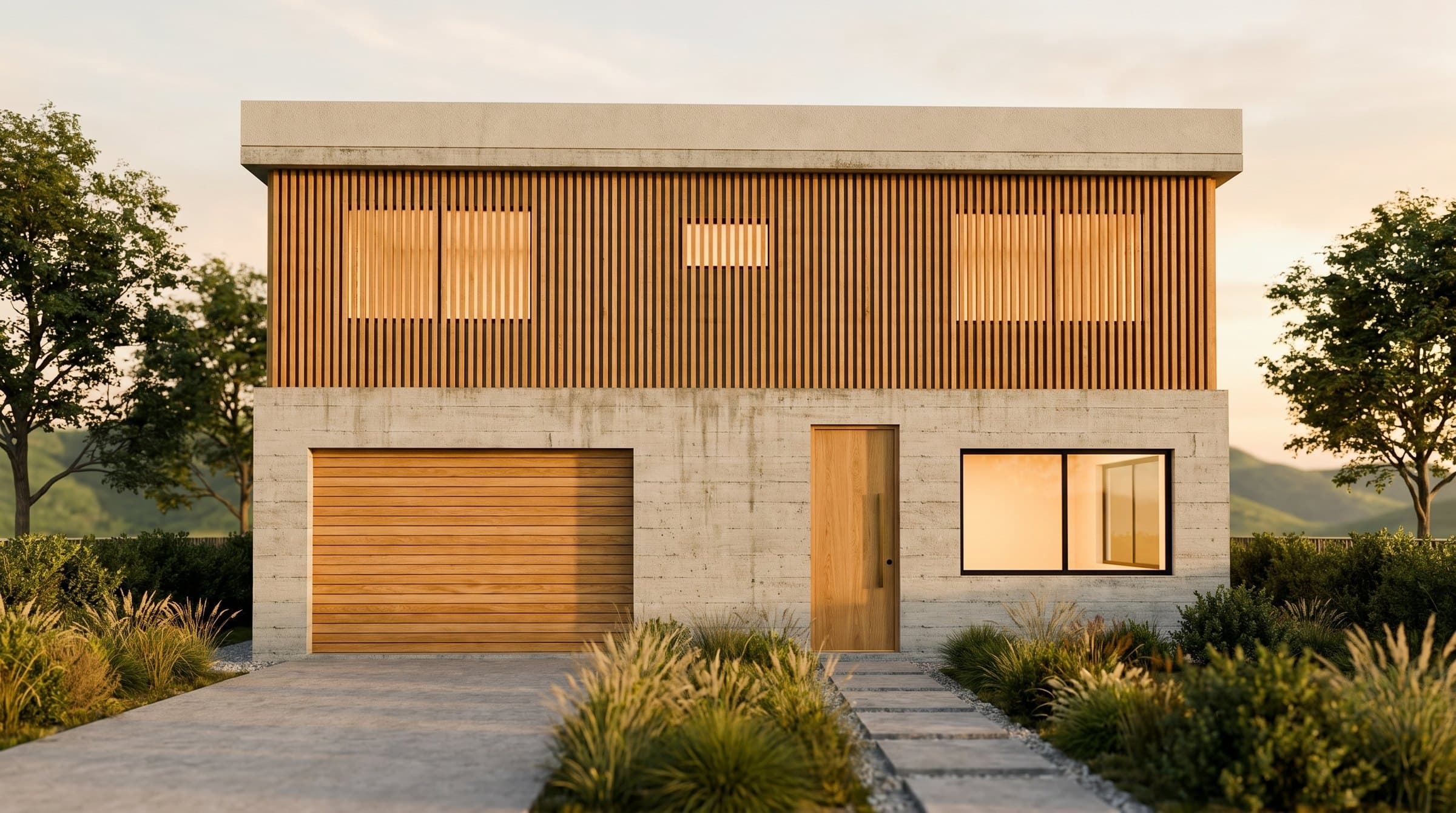 Fachada de Casa Mirador al atardecer, con la luz interior encendida.