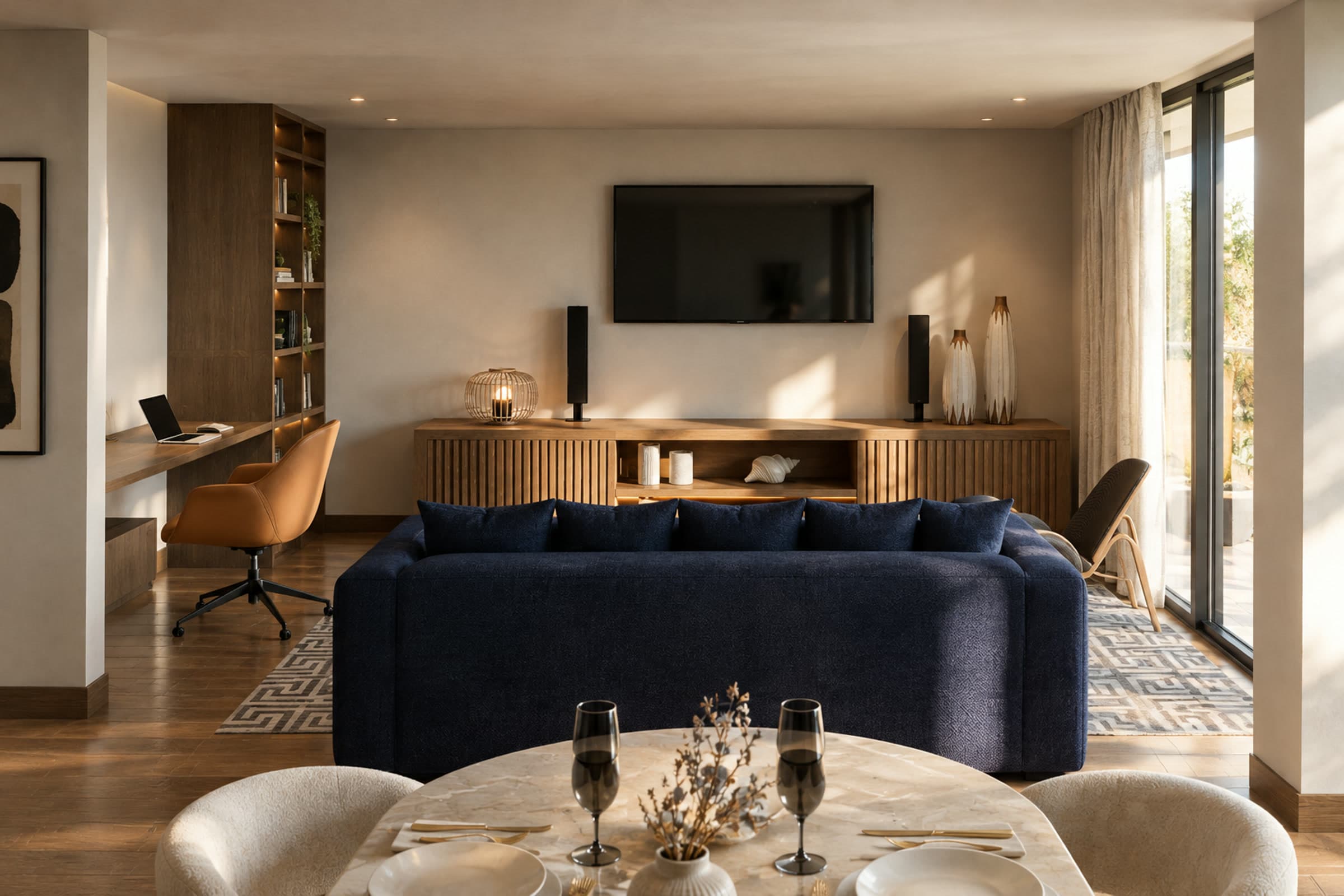 Sala con sofá azul marino, mueble de televisión en madera y salida al balcón.
