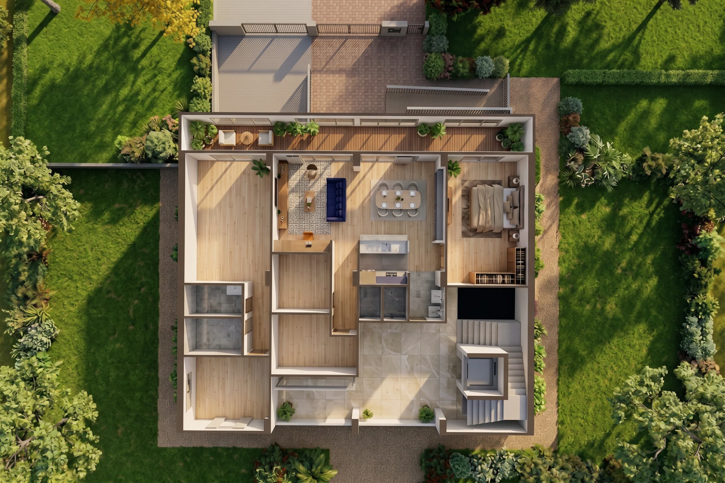Corte del apartamento tipo A visto desde arriba, con sus tres habitaciones, cocina abierta y balcón.